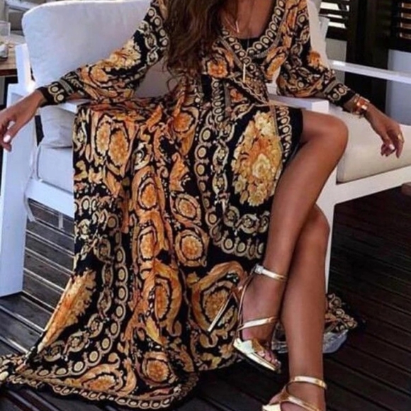 Elegant Golden Black Wrap Dress - Picture 3 of 6